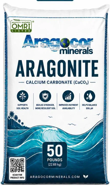 The 50 lb bag of AragoCor aragonite, front, showing the OMRI Listed mark, the calcium carbonate name and the net weight